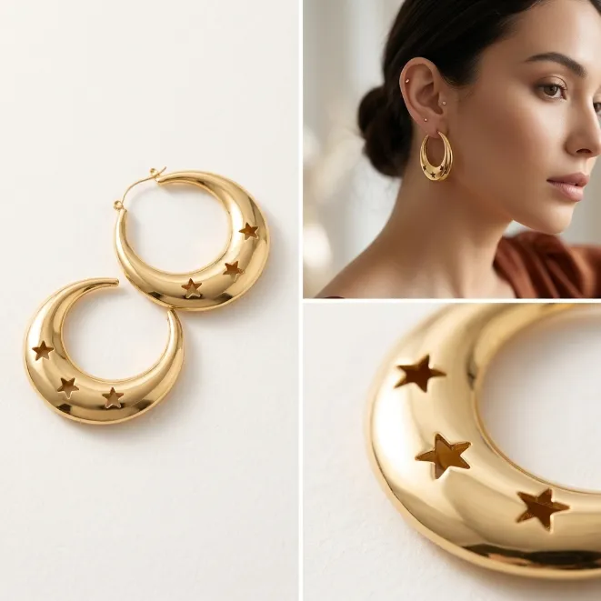 Gold chunky crescent moon iron hoop earrings with cutout star details celestial jewelry