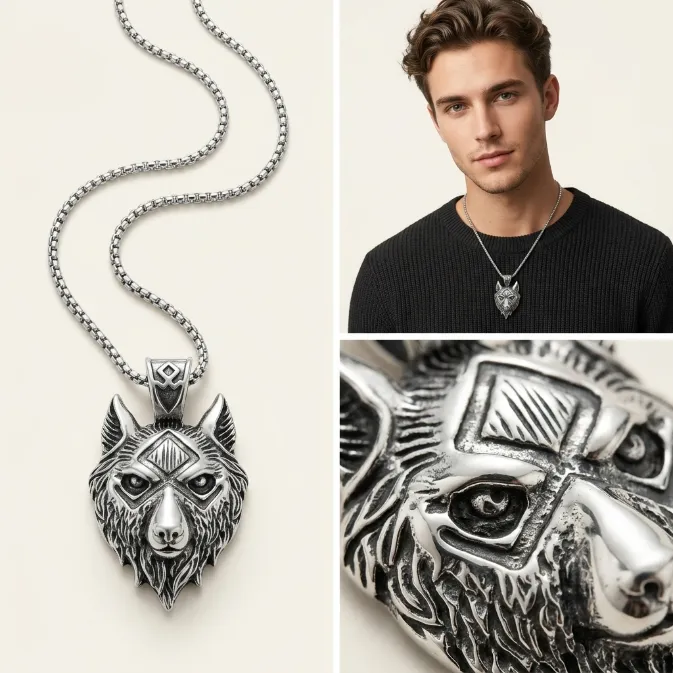 Men's vintage nordic viking wolf head fenrir rune zinc alloy pendant necklace with box chain pagan biker jewelry