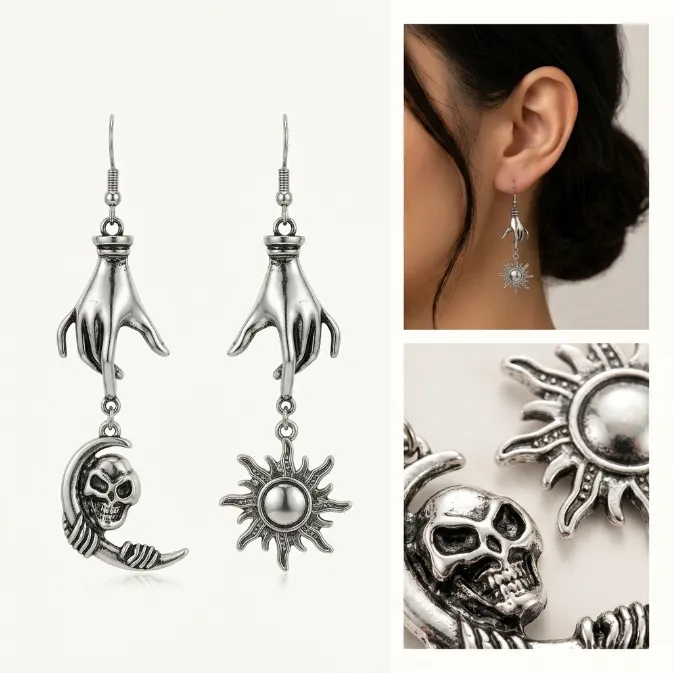 Women's vintage gothic antique silver asymmetric celestial sun and moon skull hand dangle drop earrings witchy tarot jewelry