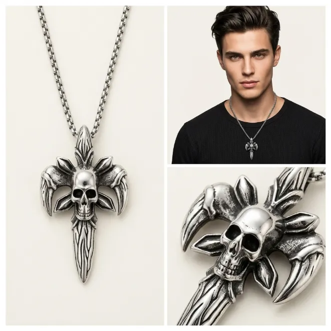 Men's vintage gothic skull sword cross zinc alloy pendant necklace with box chain punk biker jewelry