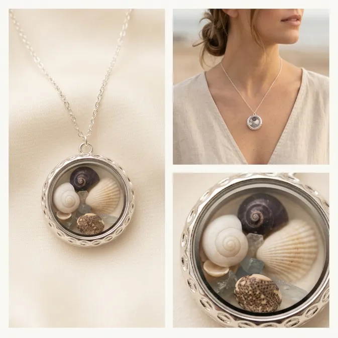 Natural ocean seashell floating glass locket pendant necklace with scalloped border and cable chain beach jewelry