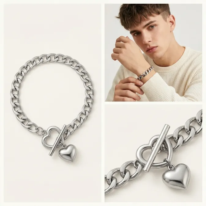 Men's punk chunky curb link chain iron bracelet with heart OT toggle clasp and puffy heart charm streetwear jewelry