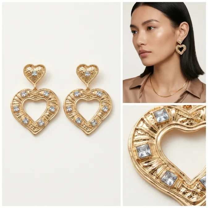 Women's vintage baroque textured gold open heart dangle drop earrings with square crystals statement jewelry
