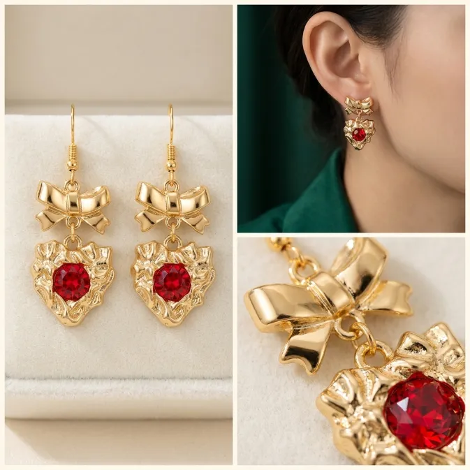 Women's vintage baroque gold ribbon bow crinkled molten heart ruby red crystal dangle drop earrings coquette aesthetic jewelry