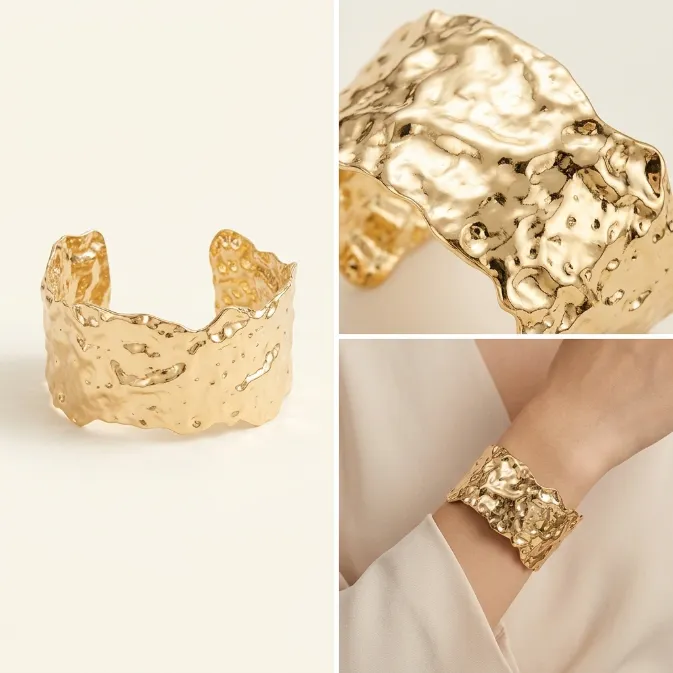 Women's modern sculptural 18K gold molten metal hammered texture wide open cuff bracelet statement runway jewelry
