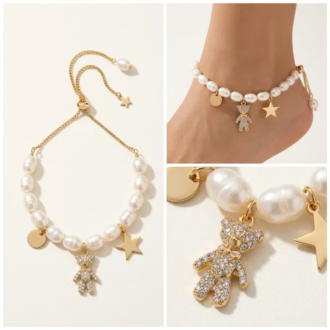 Gold adjustable plastic pearl anklet with paved rhinestone bear disc star charms