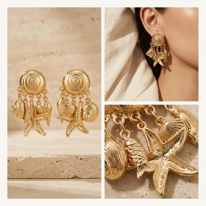 Women's vintage nautical textured gold multi-charm sea shell starfish fish dangle drop earrings summer beach resort jewelry