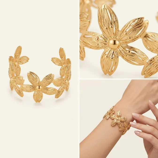 Women's ocean beach nautical gold molten textured fluted scallop sea shell articulated link statement bracelet summer coastal jewelry