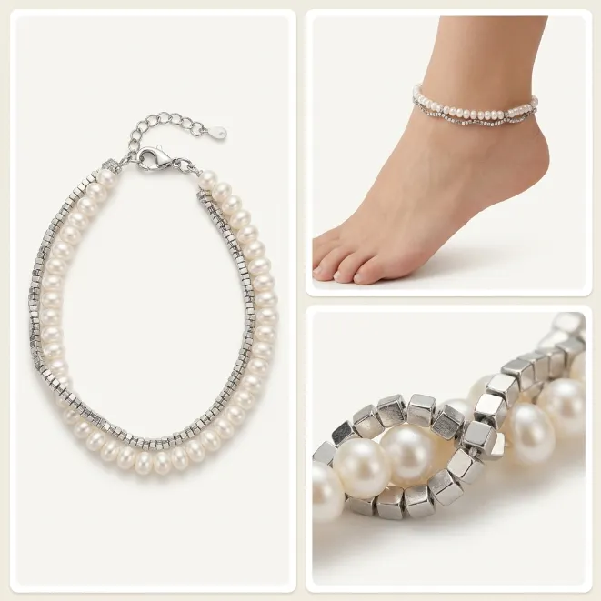 Silver double layered plastic pearl and square box chain zinc alloy anklet