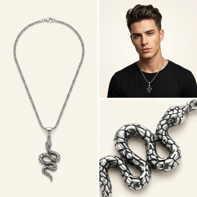 Men's vintage gothic slithering snake serpent zinc alloy pendant necklace with box chain punk biker jewelry