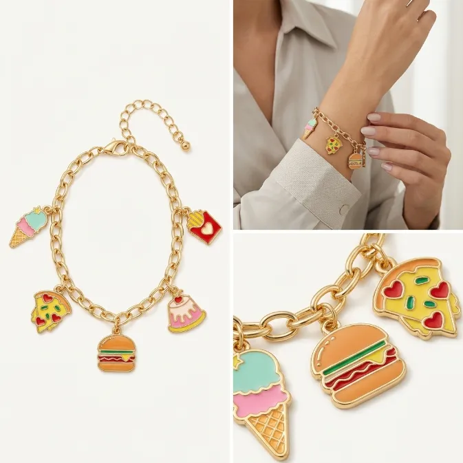 Cute colorful enamel fast food charm link bracelet with hamburger pizza fries ice cream pudding charms kawaii jewelry