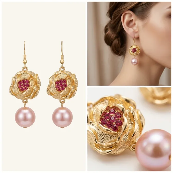 Women's vintage french baroque gold layered camellia flower magenta pink crystal pave dangle drop pink pearl earrings coquette jewelry