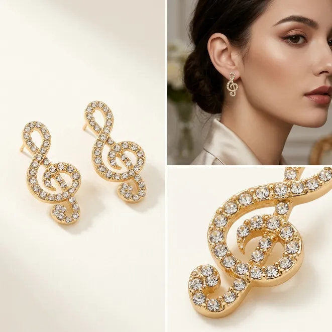 Gold pave rhinestone treble clef musical note zinc alloy stud earrings