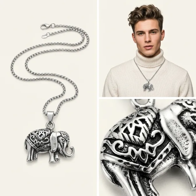 Men's vintage lucky trunk up elephant totem zinc alloy pendant necklace with box chain boho tribal jewelry
