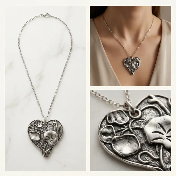 Women's vintage art nouveau antique silver embossed lotus leaf botanical heart pendant cable chain necklace boho jewelry