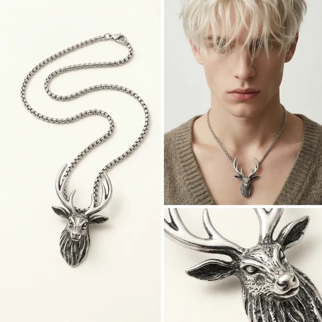 Men's vintage stag deer head antlers zinc alloy pendant necklace with box chain wildlife jewelry
