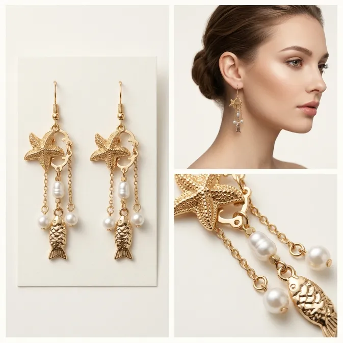 Vintage boho gold ocean starfish and fish dangle drop earrings with pearl chain tassels coastal beach jewelry