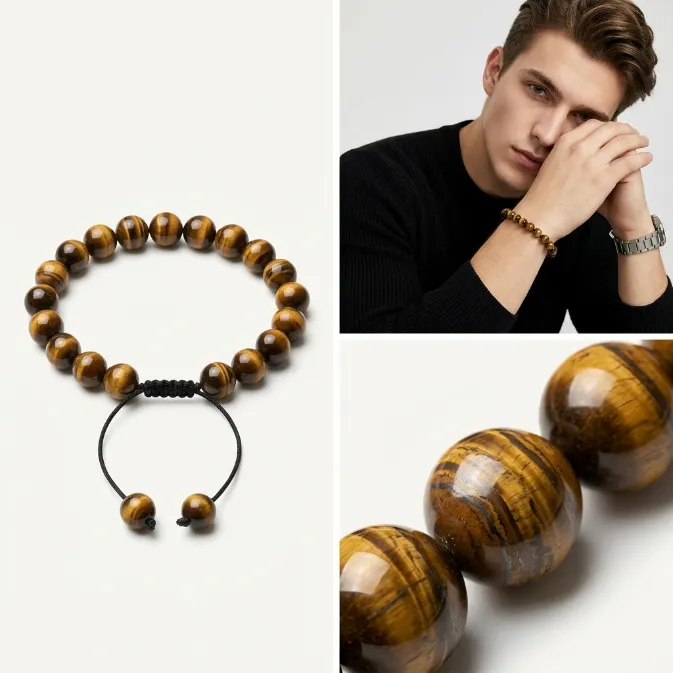 Men's natural tiger eye stone beaded adjustable braided macrame bracelet healing crystal energy jewelry