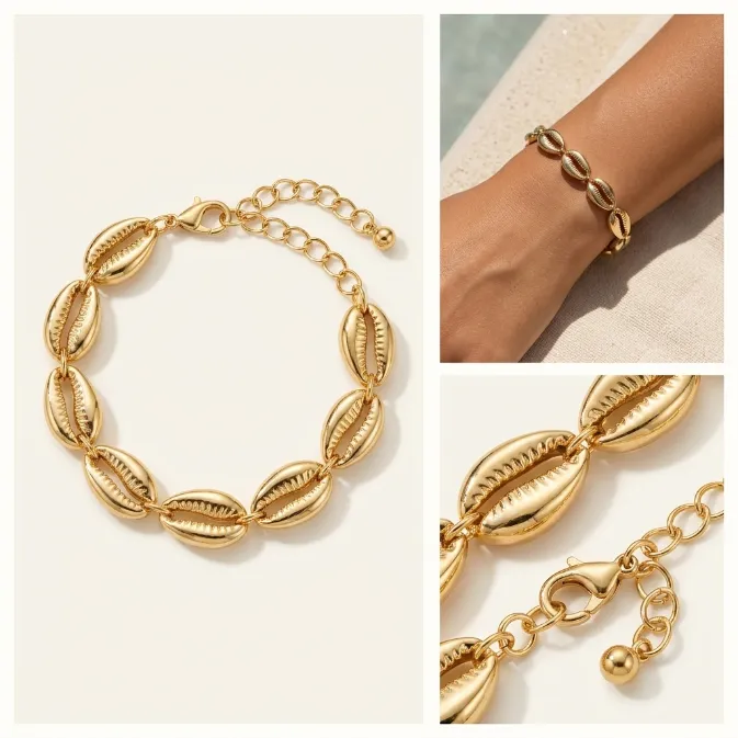 Women's boho gold cowrie seashell charm link bracelet with extender chain coastal summer beach jewelry