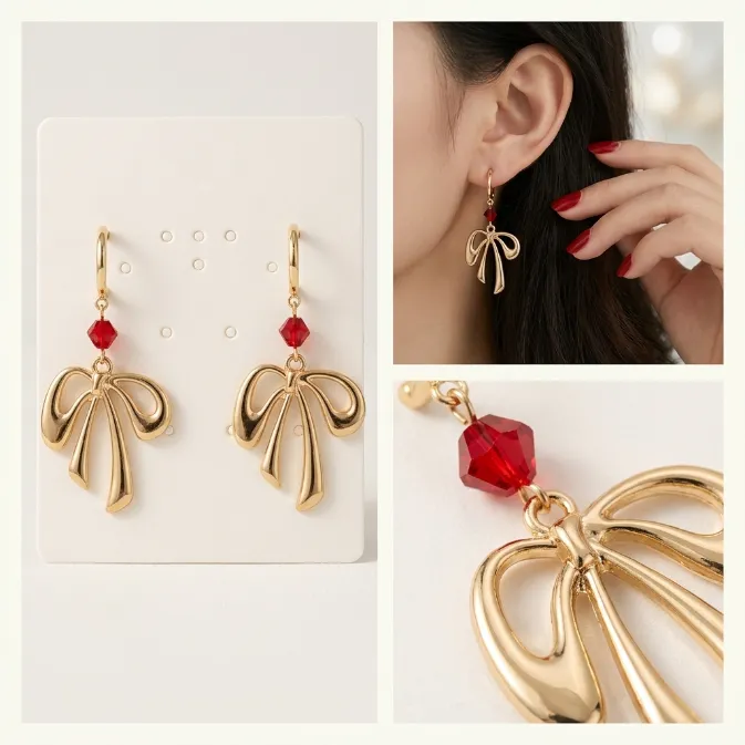 Women's french romantic gold openwork ribbon bowknot ruby red crystal huggie hoop dangle drop earrings coquette aesthetic jewelry