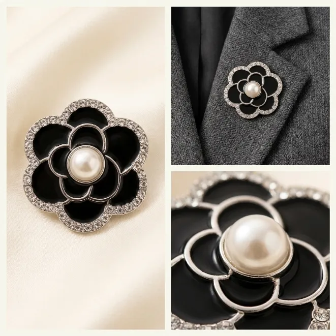 Silver black enamel camellia flower zinc alloy brooch pin with plastic pearl center and glass rhinestones