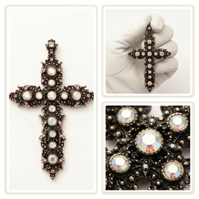 Antique bronze gothic cross zinc alloy pendant charm with AB crystals and pink rhinestones