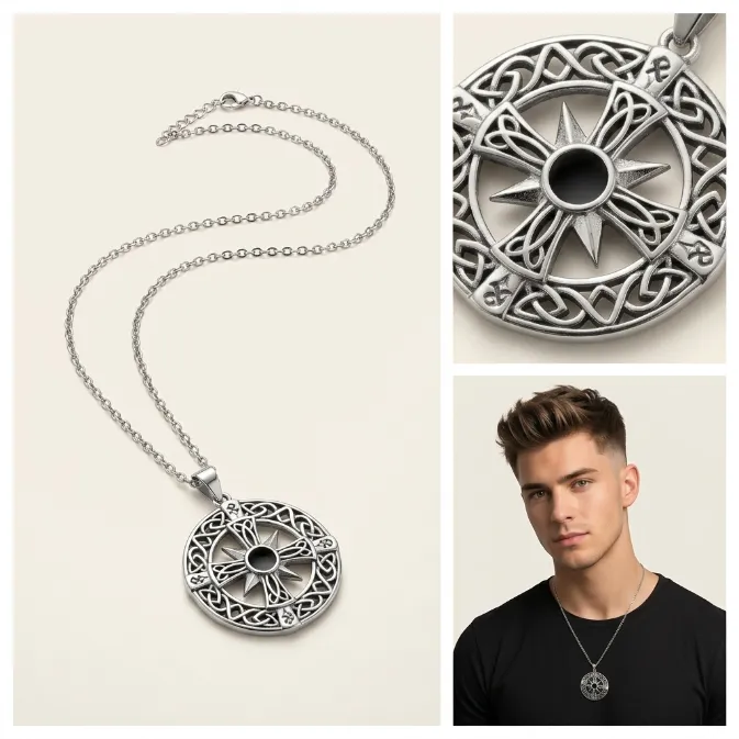 Men's vintage nordic viking celtic knot compass cross zinc alloy pendant necklace with cable chain pagan jewelry