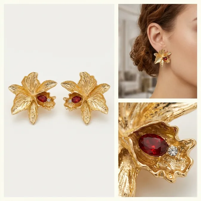 Women's vintage textured brushed gold orchid flower stud earrings with ruby red crystal center statement botanical jewelry