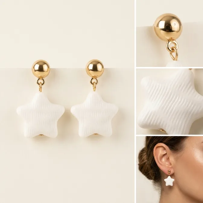 Women's modern chic polished gold ball stud ribbed white resin puffy star dangle drop earrings summer cute jewelry