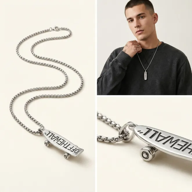 Men's streetwear silver 3d skateboard zinc alloy pendant necklace with engraved text and box chain