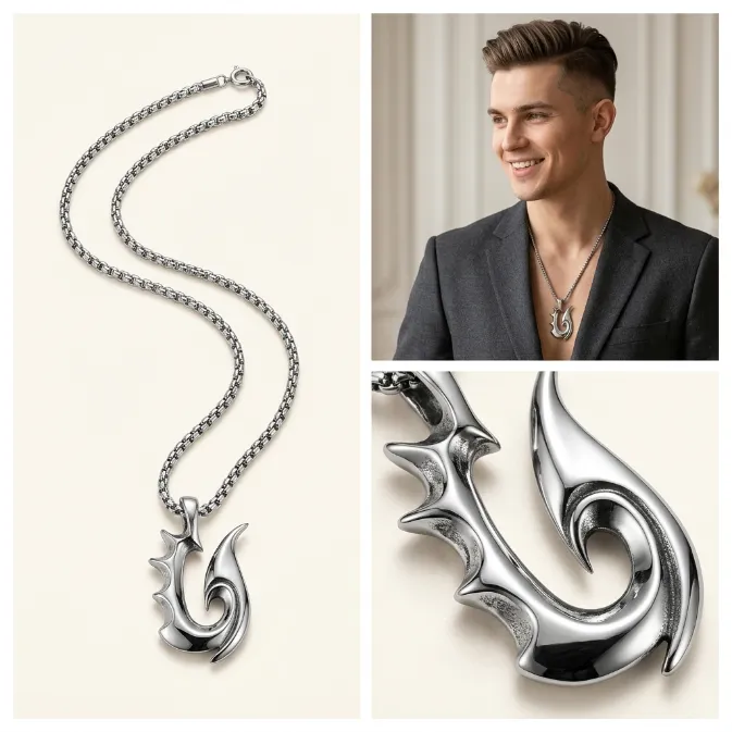 Men's tribal maori fish hook hei matau zinc alloy pendant necklace with box chain surfer nautical jewelry