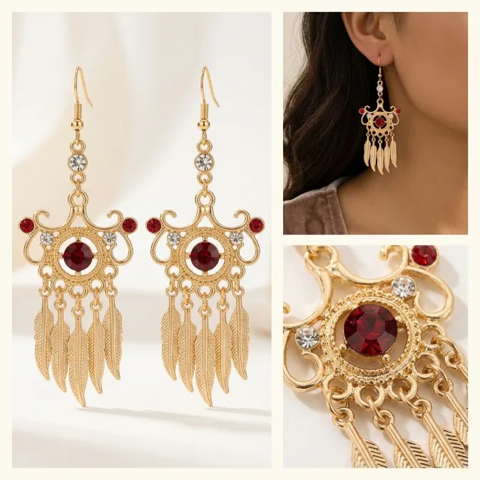 Women's vintage bohemian gold ruby red crystal feather tassel chandelier dangle drop earrings dreamcatcher jewelry