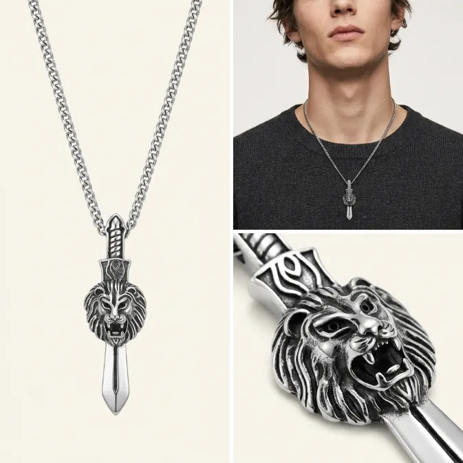 Men's vintage roaring lion head dagger sword zinc alloy pendant necklace with curb chain medieval warrior jewelry