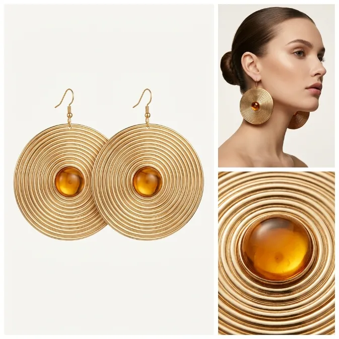 Women's vintage bohemian large concentric swirl gold iron disc dangle earrings with amber resin stone statement jewelry