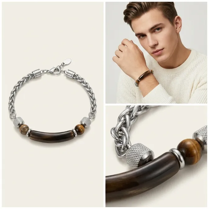 Men's natural tiger eye curved tube bead wheat chain bracelet with knurled metal accents urban biker jewelry