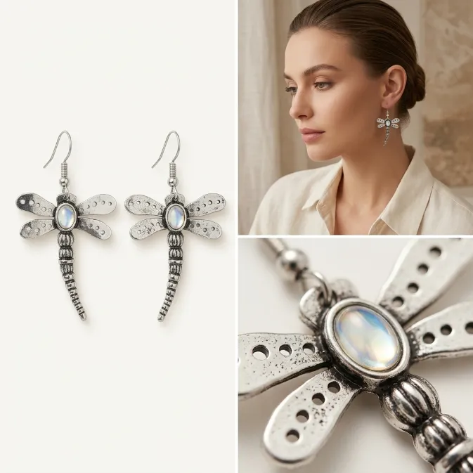 Women's vintage antique silver dragonfly dangle drop earrings with moonstone opalite center fairycore jewelry