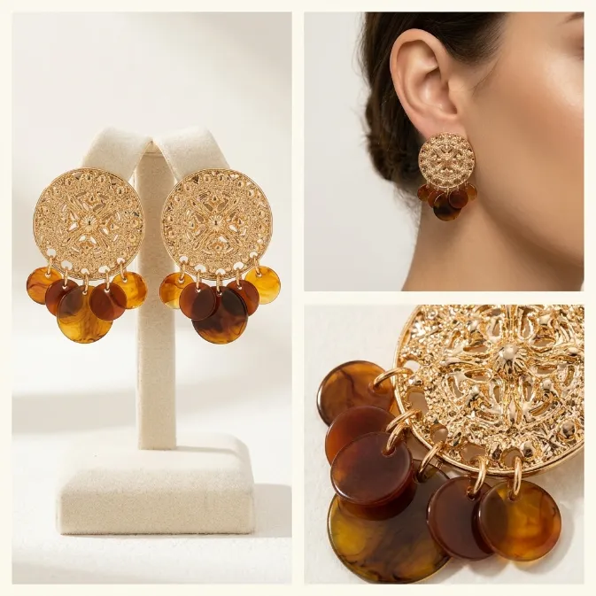Women's vintage bohemian gold filigree mandala disc amber and tortoise resin coin tassel dangle drop earrings statement jewelry