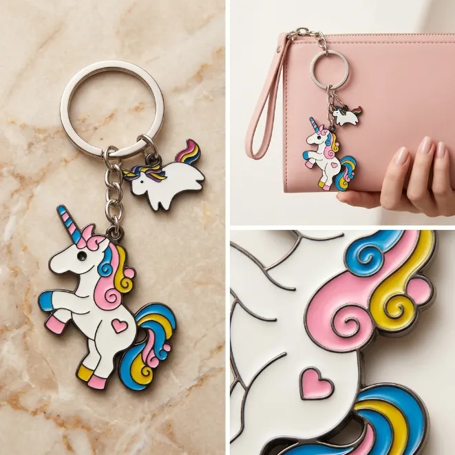 Cute colorful cartoon unicorn double charm enamel zinc alloy keychain