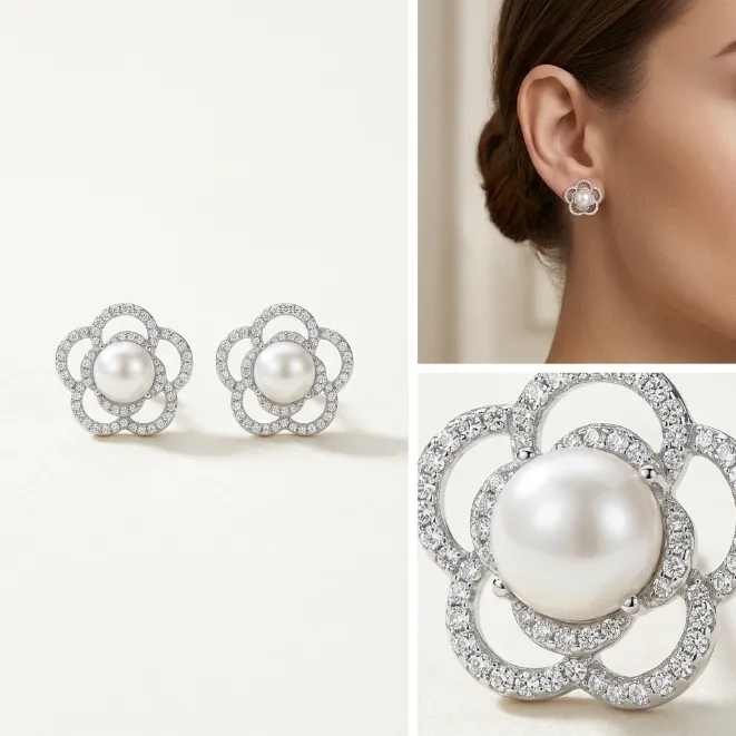 Silver pave crystal openwork flower zinc alloy stud earrings with white pearl center