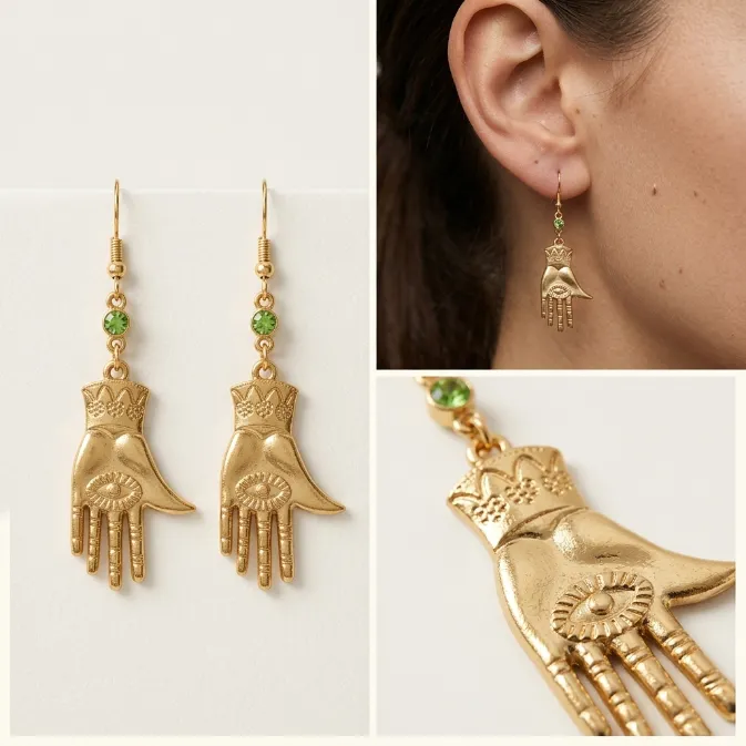 Women's vintage bohemian gold hamsa hand of fatima palmistry all-seeing eye peridot green crystal dangle drop earrings mystical tarot jewelry