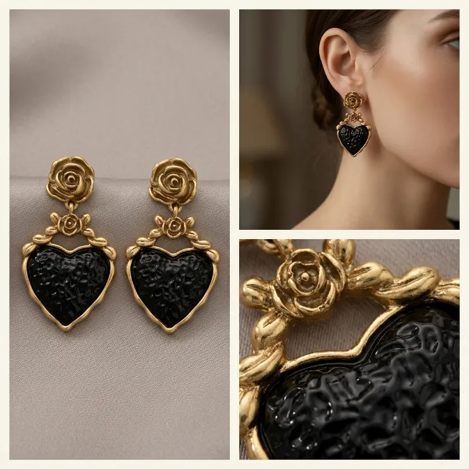Women's vintage baroque antique gold black enamel textured heart dangle drop earrings with sculpted roses gothic dark romance jewelry
