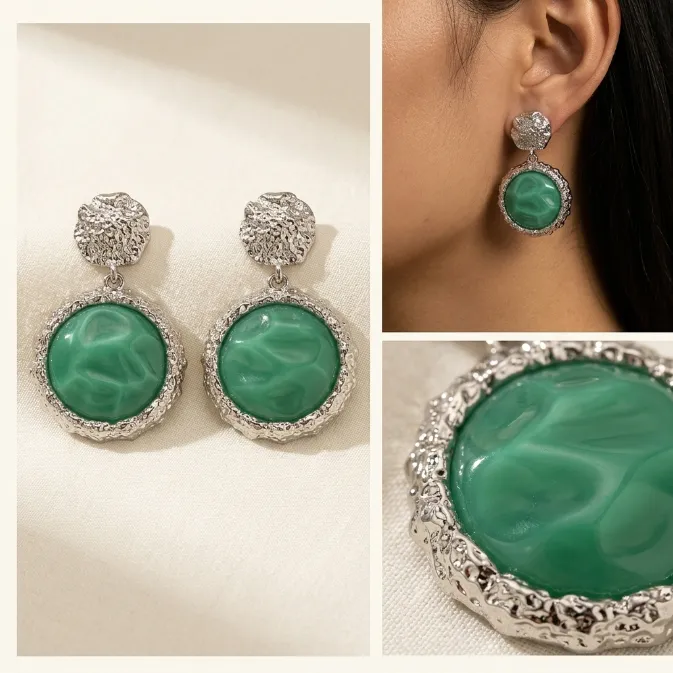 Women's vintage baroque silver molten textured hammered emerald green resin cabochon statement dangle drop earrings retro jewelry