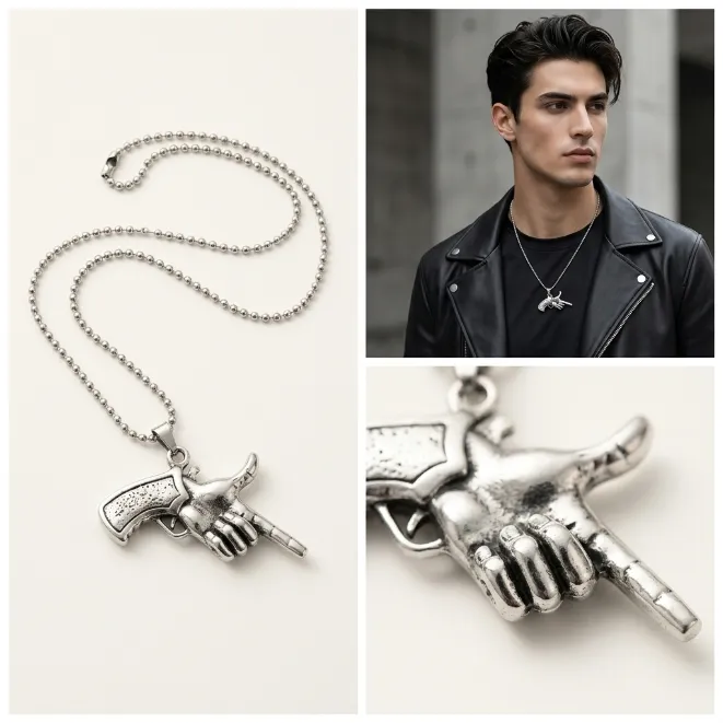 Men's vintage punk finger gun hand gesture zinc alloy pendant necklace with ball chain