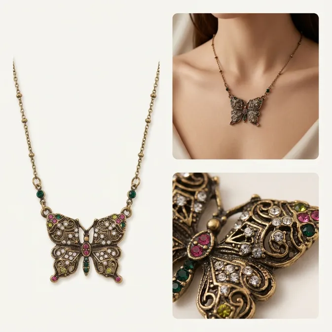 Women's vintage antique gold baroque filigree butterfly necklace with multicolor crystals and beaded satellite chain cottagecore jewelry