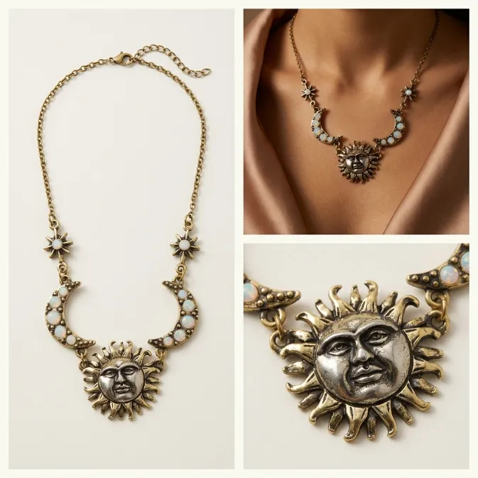 Women's vintage gothic celestial sun god face opal crescent moon and star pendant cable chain necklace witchy tarot jewelry