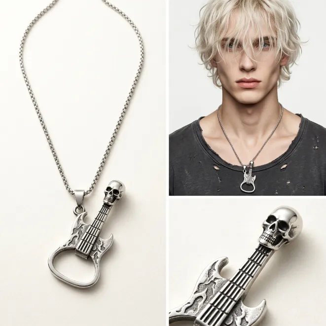 Men's punk rock skull electric guitar bottle opener zinc alloy pendant necklace with box chain biker music jewelry