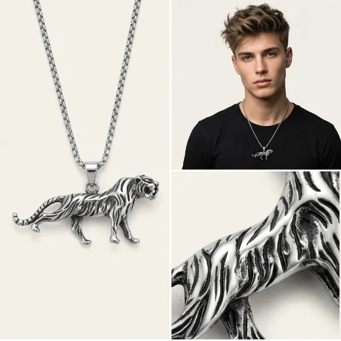 Men's vintage roaring tiger animal zinc alloy pendant necklace with box chain amekaji biker jewelry