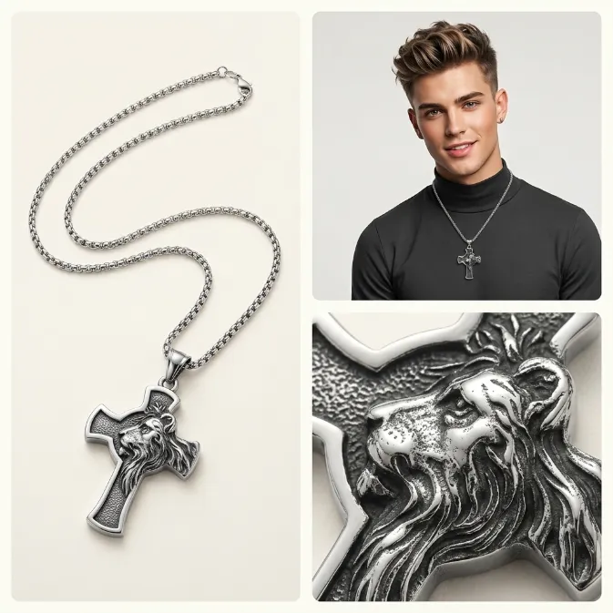 Men's vintage lion of judah cross iron pendant necklace with box chain christian religious jewelry