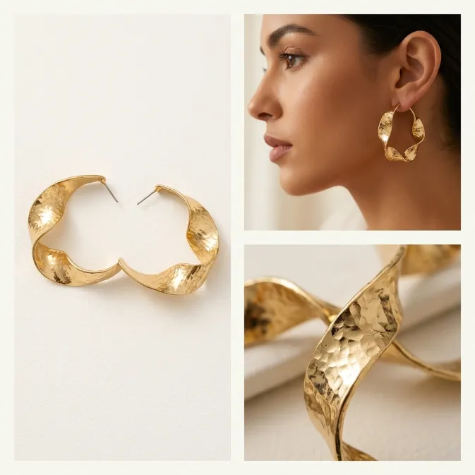 Women's modern organic twisted wave hammered gold chunky hoop earrings statement sculptural jewelry