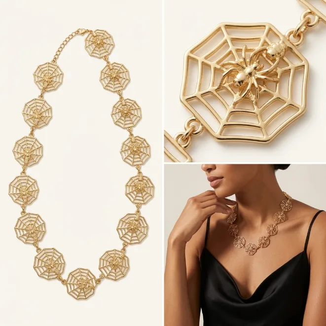 Gold gothic octagonal spiderweb filigree link zinc alloy necklace with 3d spider detail